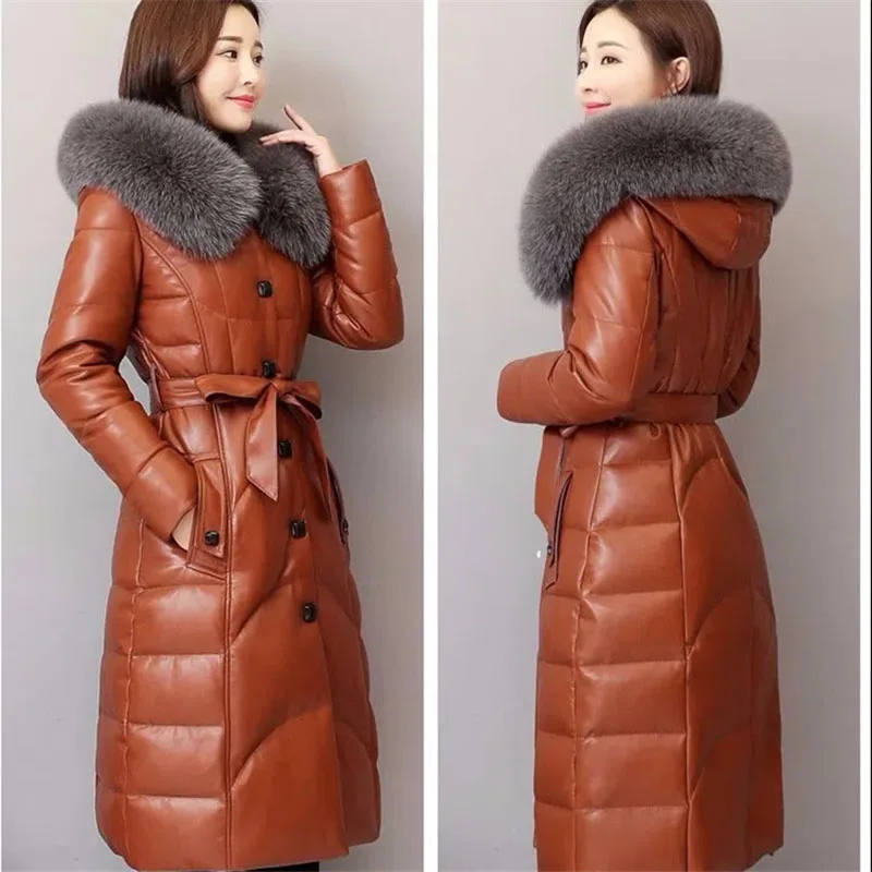 2022 Black Leather Fur Overcoat Women Imitation Fox Fur Collar Long Fashion Hooded Coats PU Leather Cotton Coat Belt Outerwear