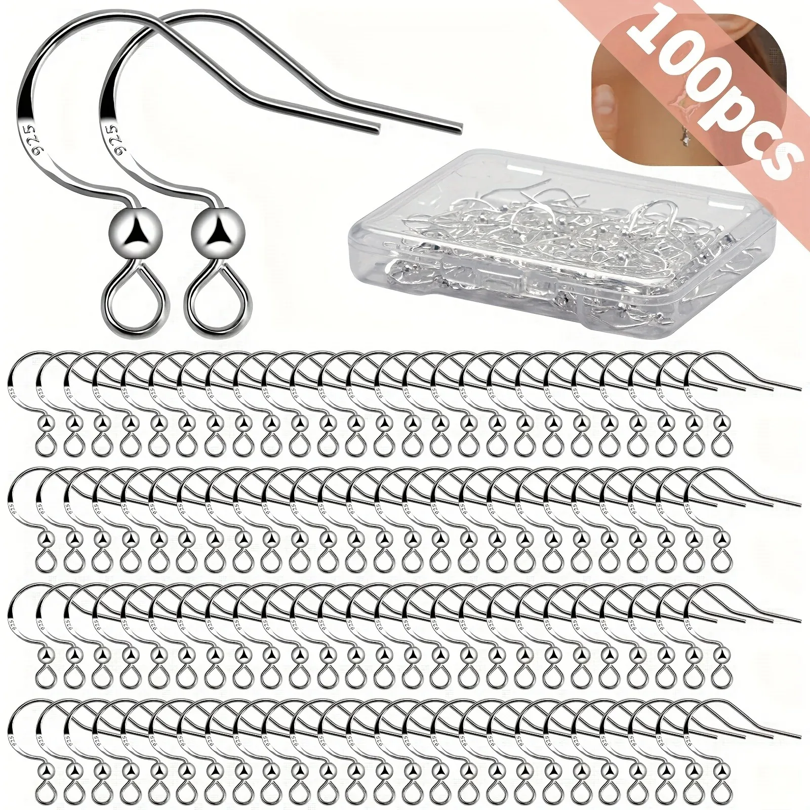 925 Silver Earring Hooks 100 Pcs/50 Pairs Hypoallergenic Ear Wires Fish Hooks For Jewelry Making, Jewelry Findings Parts