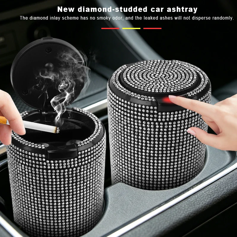 New Premium Rhinestone Car Ashtray, Multifunctional Lidded Vehicle Ashtray with LED Light, Stylish Auto Accessory, Universal Gif
