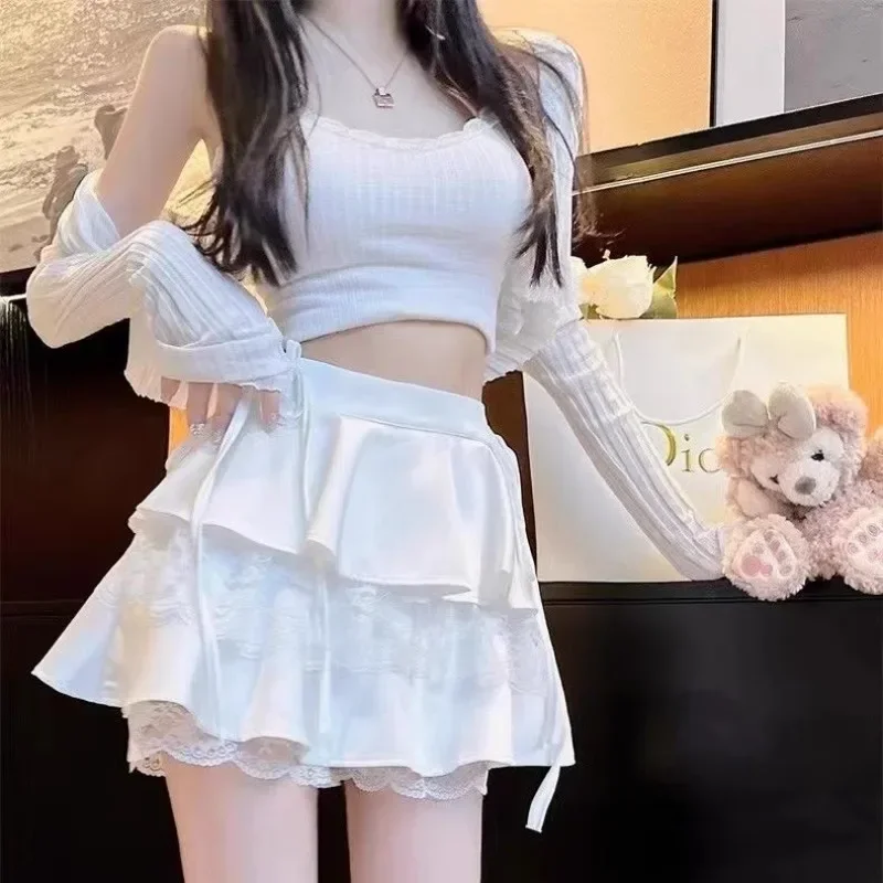 

White Mini Skirt Lace Bow Ruffle Short Skirt Woman Kawaii Miniskirt Korean Style Black Skirt Shorts Cute Y2K Women Clothing 2024