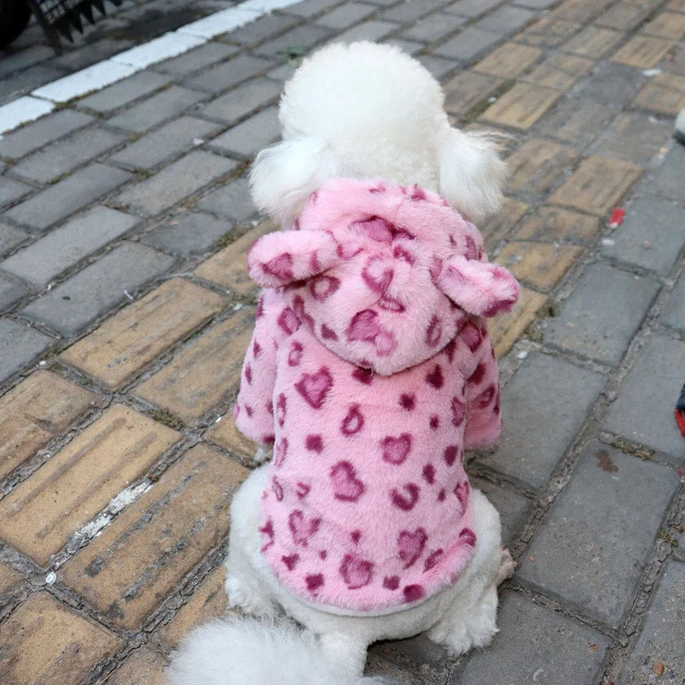 Hunde-Kapuzenmantel mit Leopardenmuster – verdickte Winter-Thermojacke für kleine Hunde, warmes Fleece-Haustier-Outfit, modische Bekleidung