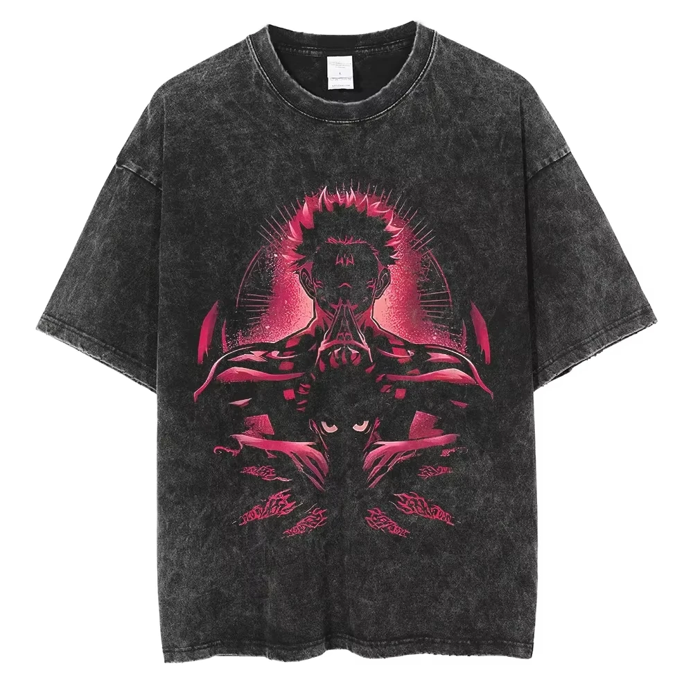 

2026 Retro washed version of Jujutsu Kaisen comic T-shirt. Anime pattern short-sleeved cotton casual shirt. Street style design