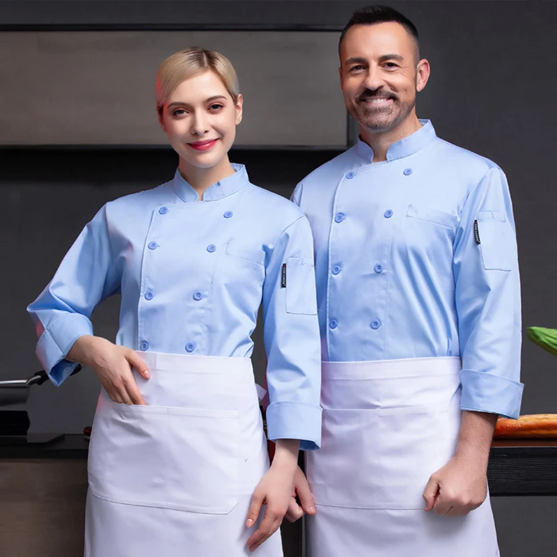 Vestes de chef bleu clair pour hommes et femmes, uniforme de cuisine de restaurant, cantine, double boutonnage, cuisinier à manches longues, vêtements de travail