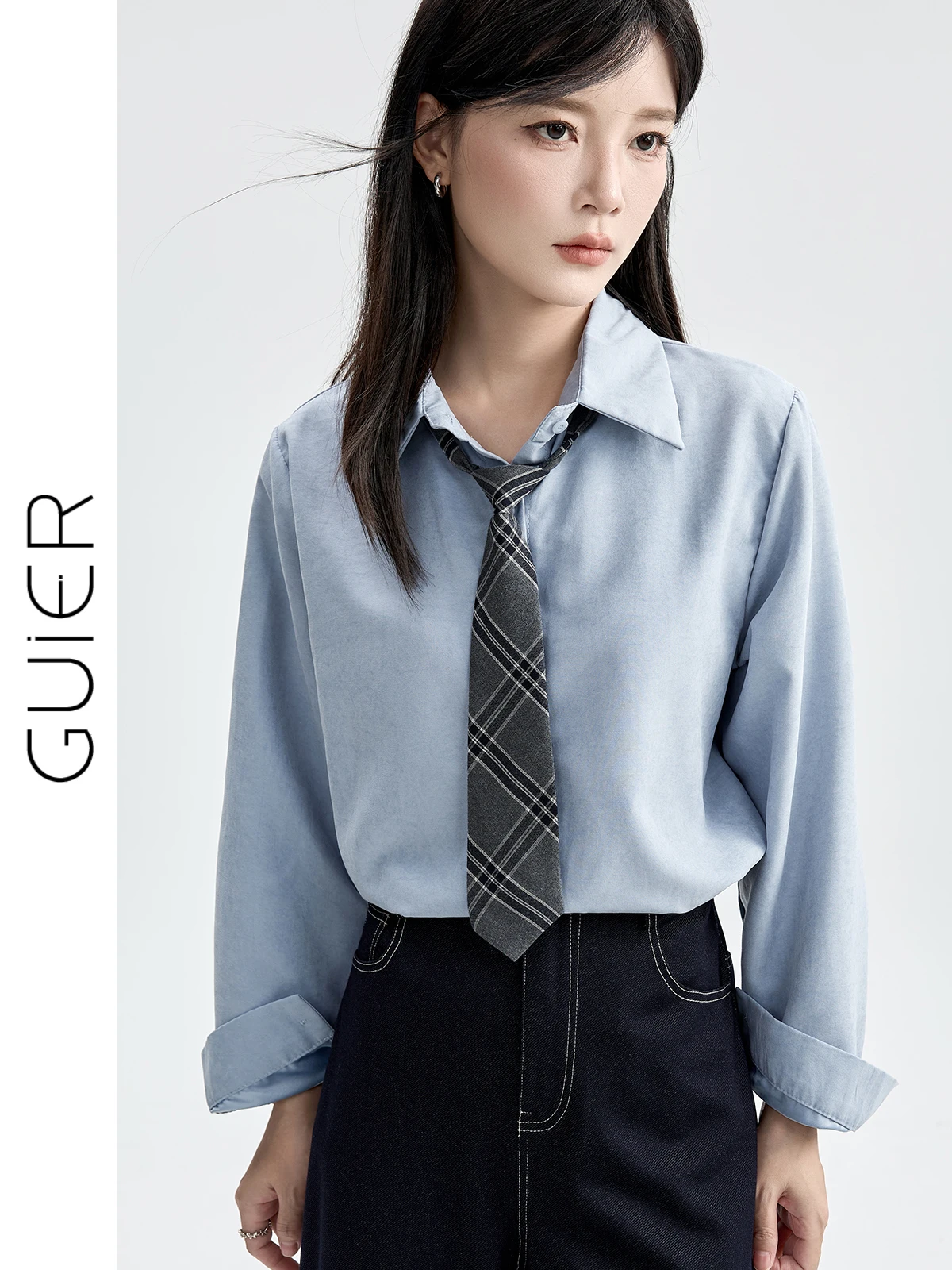 

Guier Collar Long Sve irt Women's Loose Slimming High-End Feeling Autumn New Sle Casual Pure Color Button down
