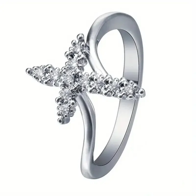 Huitan Shiny Cross Designed Rings with CZ Sparkling Delicate 925 Sterling Silver Accessory for Women Graceful Ceremony Jewelry