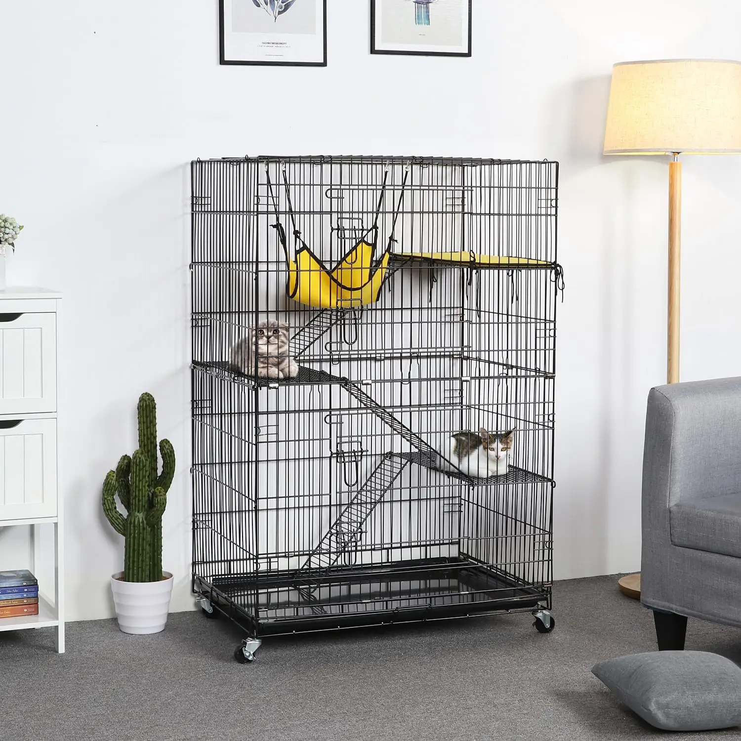 

Collapsible Cat Cage 4-Tier Metal Cat Kennel Ferret Enclosure Chinchilla Cage with Rotating Casters/Ramp/Ladders