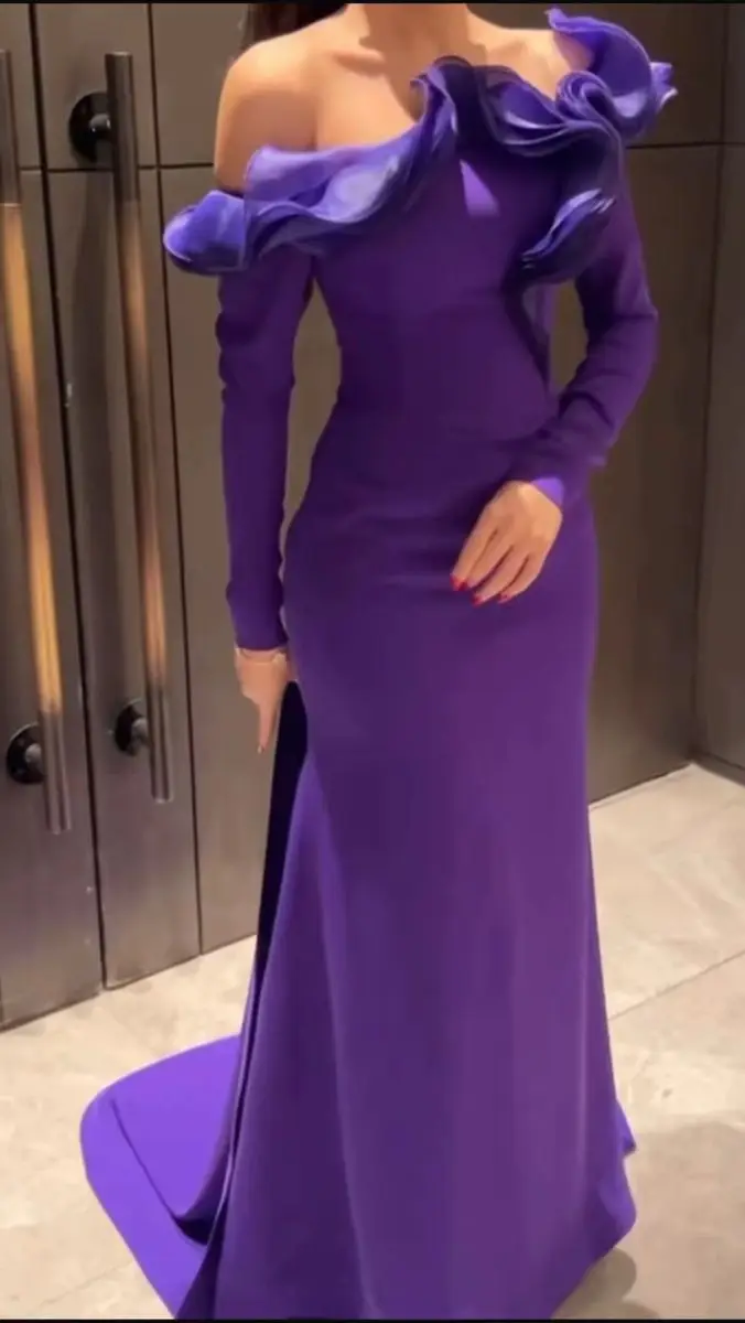 

Customized Elegant Purple Prom Dresses A-line Ruffles off Shoulder Formal Women Party Evening Dresses Floor-Length
