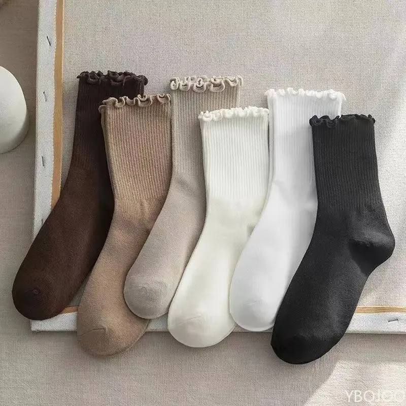 6 Pairs Spring Autumn Comfortable Sweat-absorbing Socks Ruffled Mid Length Socks Women's Breathable Solid Color Socks