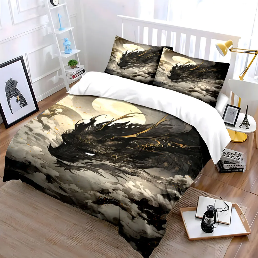 Black dragon soaring amidst clouds Print Bedding Set 1 Duvet Cover 2 Pillowcases for Adult and Children Luxury Gift Full Size