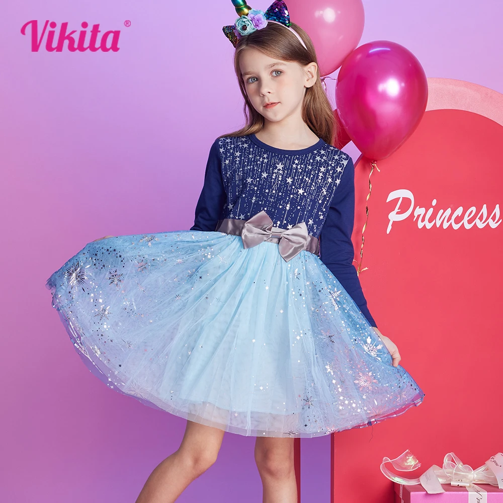 VIKITA Girls Christmas New Year Party Gift Dress with Bowknot Kids Star Snowflakes Print Navy Blue Autumn Winter Princess Dress