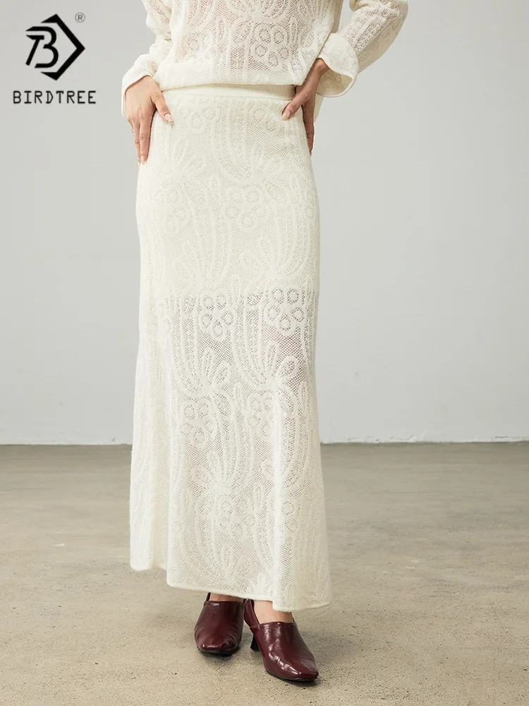 

Birdtree,Wool Blended Knitted Skirt,Women Jacquard Elastic Waist Straight Skirts,2025 Autumn Solid Maxi Skirt,Beige,GreyD5N112JF