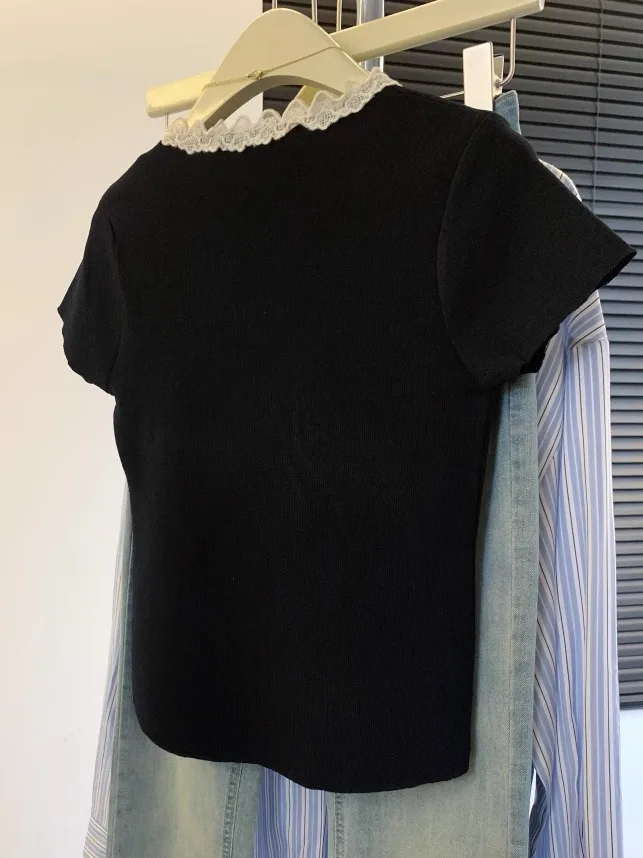 فضفاض الدانتيل تقليم مربوط ort Sve تي شيرت المرأة الصيف Faion العمر-Defng V-Ne الأعلى الكورية Sle لباس غير رسمي