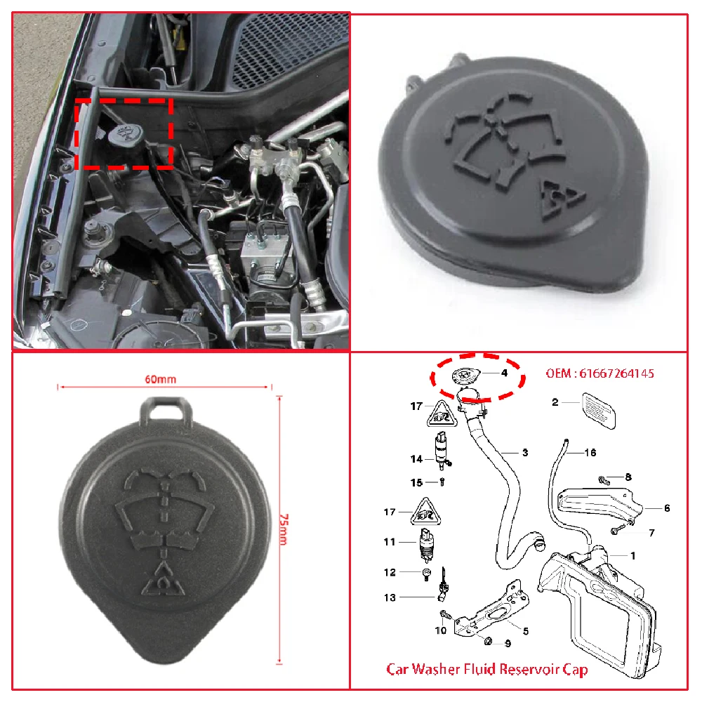 

Car Parts 61667264145 For BMW E46 E36 E30 318i 323i​ 325i 328i 330i M3 1984-2005 Windshield Wiper Washer Fluid Reservoir Cap