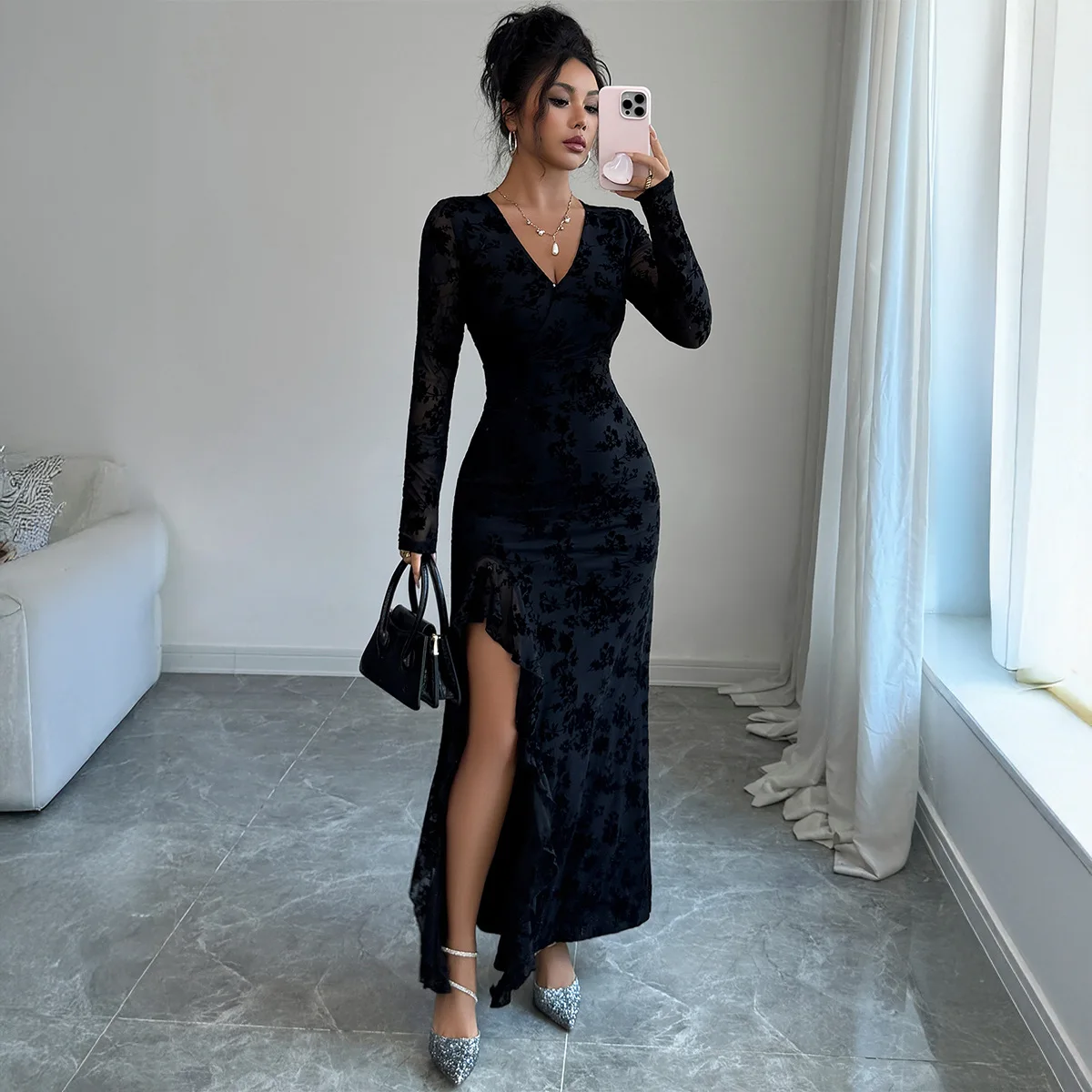 

Women's Dress Black Floral Maxi Dress V Neck Long Sleeve High Split Ruffle Trim Formal Evening Party Prom Gown