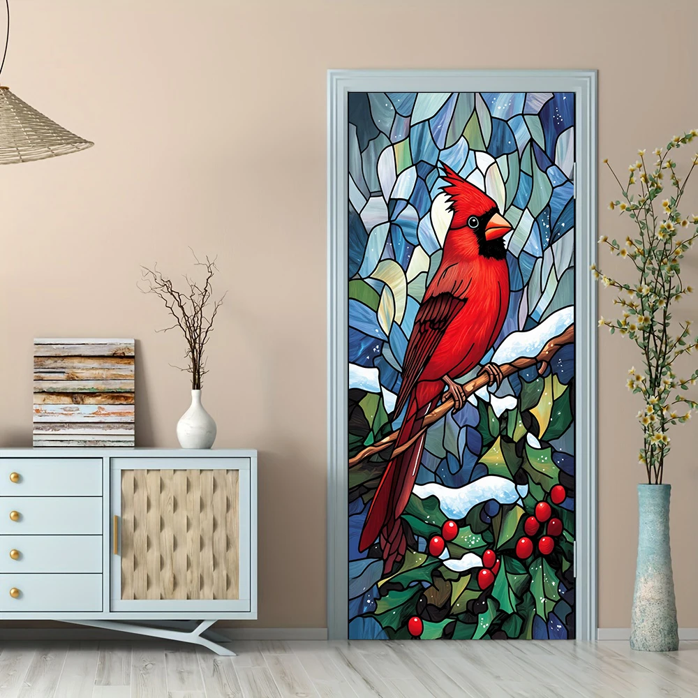 1pcs Self-Adhesive Removable Vinyl Door Stickers  Christmas Decorative Door Stickers Colored Glass Style Red Bishop Bird Pattern