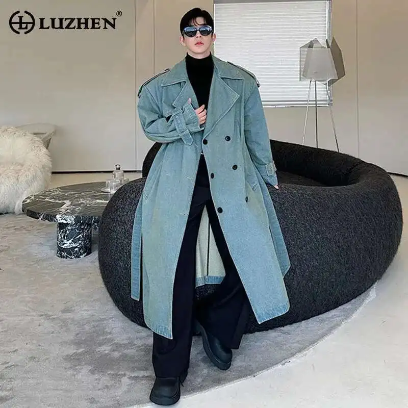 

LUZHEN Denim Long Windbreaker Men's Baggy Vintage Casual Solid Color Handsome Trendy High End Trench Coat Autumn Winter LZ5933