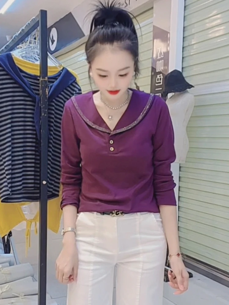 Camiseta larga única de principios de otoño para mujer, camiseta de algodón puro que adelgaza la cubierta de carne, Faionable 2025, nueva Sle Commute Sle