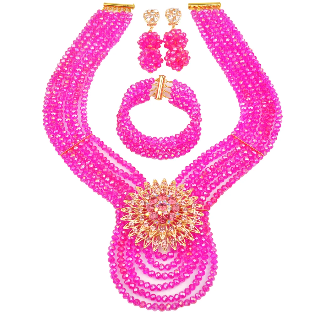 Fashionable African Women's Jewelry Fuchsia Pink Crystal Necklace Nigeria Newlyweds Jewelry Couple Necklace Set YY-03