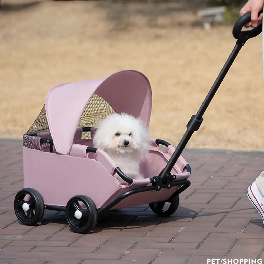 

4 Wheels Foldable Pet Stroller Breathable Sun Cover Travel Dog Pram 360° Rotating Handle Retractable Handle Pet Cart Outdoor