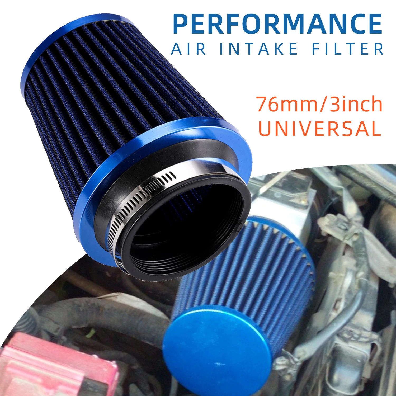 76mm Cone Air Filter for Car Engine Intake Pipe Universal Red Blue Sliver Carbon Washable 3.0'' High Flow Cold Air Intake Filter