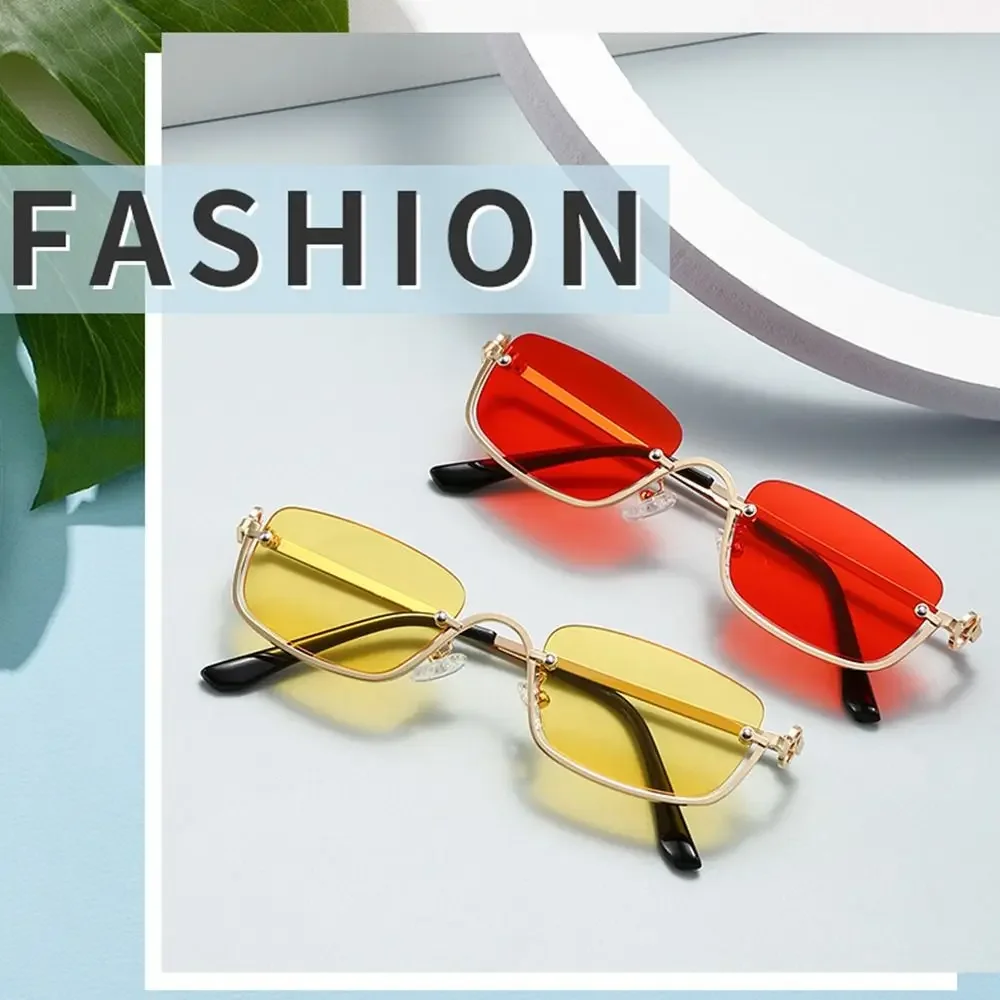 Trendy Small Square Women\'s Sunglasses Metal Half Frame Sun Glasses Vintage Shades UV400 Eyewear Narrow Eyeglasses Driver Goggle