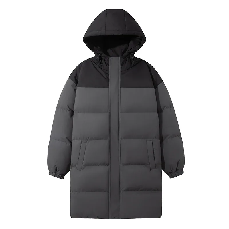 رجل أسفل سترة شتاء جديد التباين اللون طويلة الأكمام الرجال معطف رشاقته الدافئة يندبروف منتصف طول فضفاض مقنعين الذكور ملابس خارجية #3