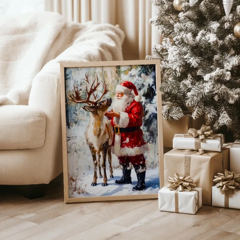Vintage Santa Claus with Reindeer Canvas Wall Art Christmas Snow Winter Scene Holiday Home Wall Print Unframed Canvas Poster