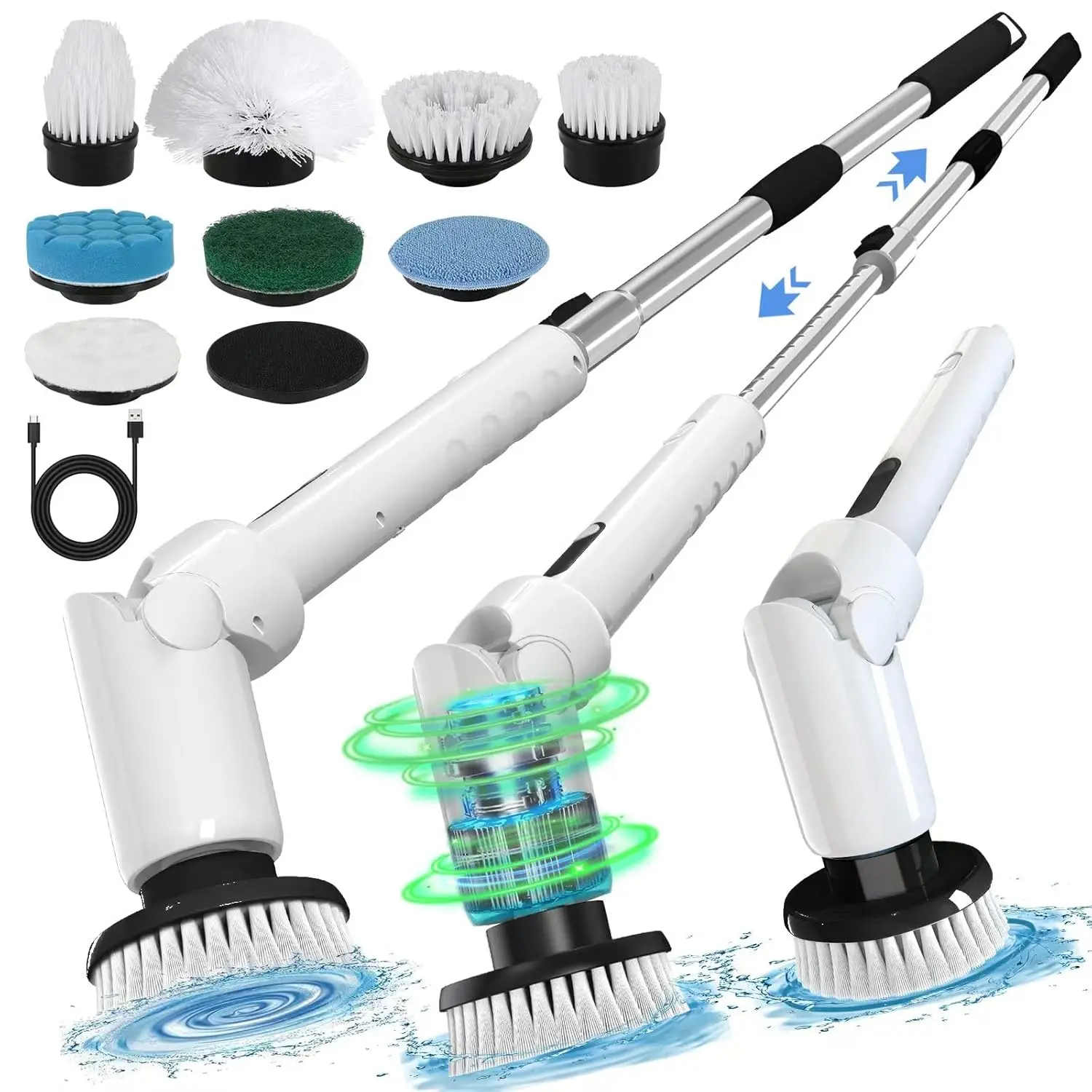

Electric Spin Scrubber - Cordless Cleaning Brush with Digital Display, 2 Speeds, 8 Brush Heads, IPX7 Waterproof, Adjustable Long