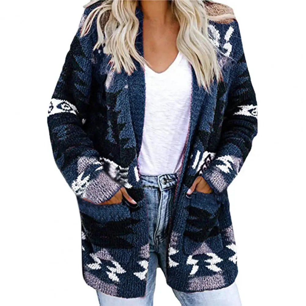 Women Christmas Coat Printing Knitting Open Stitch Cardigan Long Sleeves Thick Thermal Colorful Color Matching Women Jacket Traf