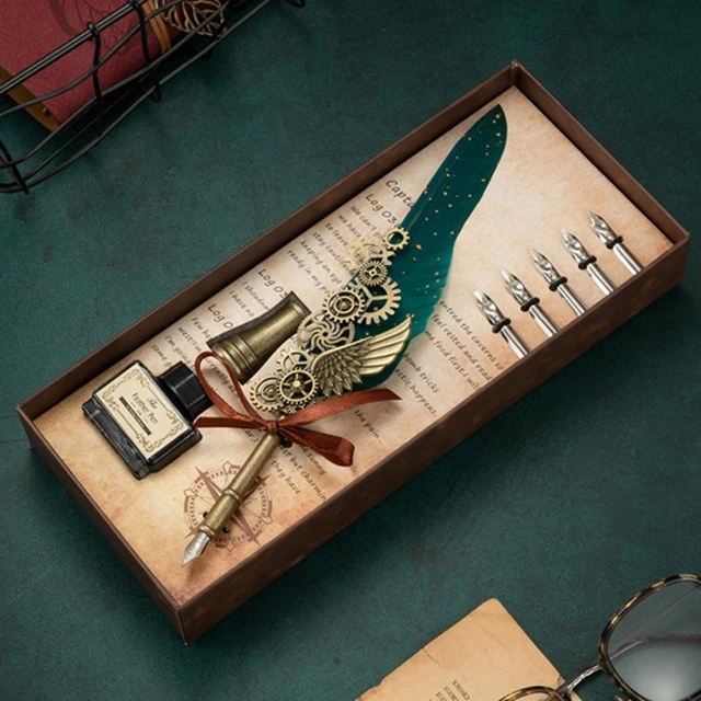 Steampunk Nib Pen & Inkwell Functional Art shop - Dip dipping Quill - Poetry Journal Writing Poe Gothic Writer Desk Set Old Clock Gears and parts
