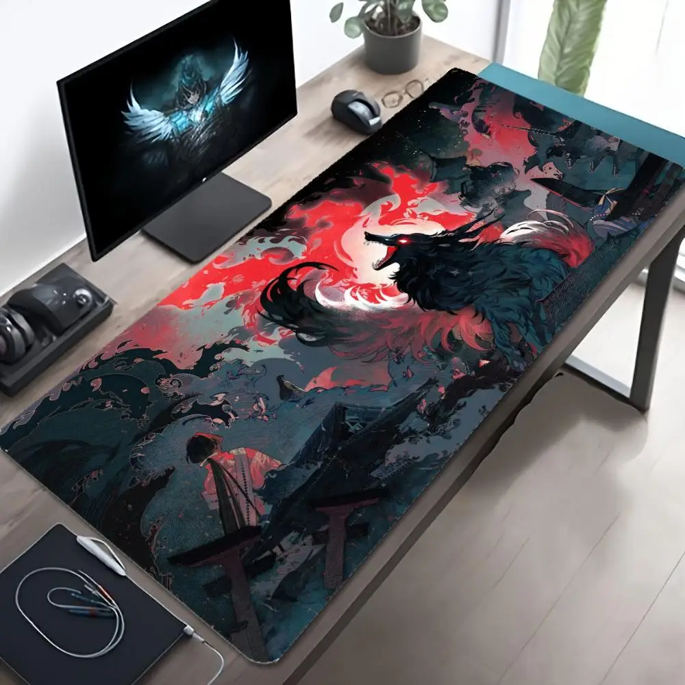 Large Gaming Mouse Pad XXL Nine Tailed Wolf Deskmat Non-slip Mouse Mat Japanese Shrine Anime Art Fantasy Creature Keyboard Pad
