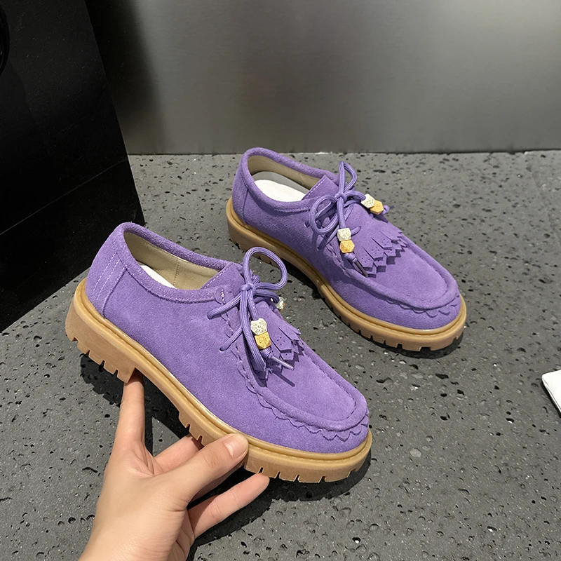 Moccasins Women Shoes 2026 New Multi-color Women's Lace-up Loafers Non-slip Large-size Thick-soled  Suede Derby Shoes For Women