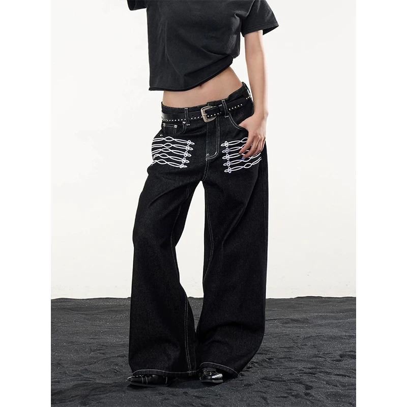 2026 Autumn Women Wide Leg Jeans Street Trip Solid Plain Punk High Street High Waist Floor Length Black