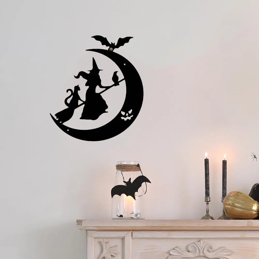 Halloween Witch Silhouette Halloween Witch Broom Moon Ornament Pendant Metal Door Window Hanger For Indoor Outdoor Front Door