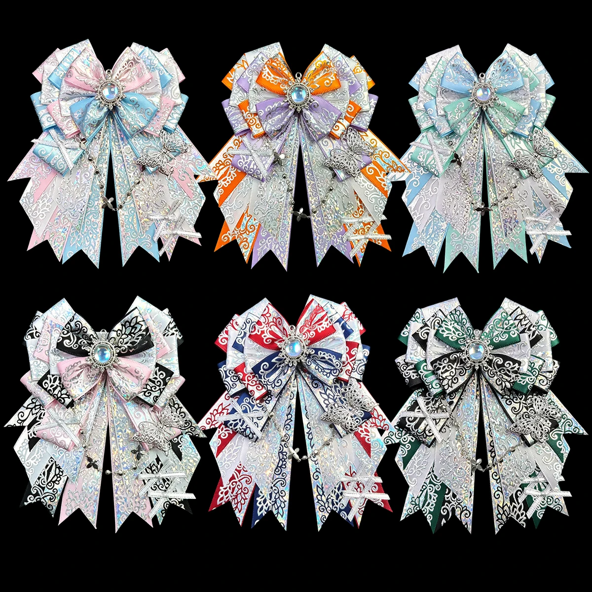 Broche nœud vintage en ruban laser, fausse cravate nœud, décoration pour bâton de soutien de fan club, décoration cosplay pour exposition d'anime, Lolita, dessin animé, jeu, épingle décorative en forme de nœud pour sacs à dos et sacs