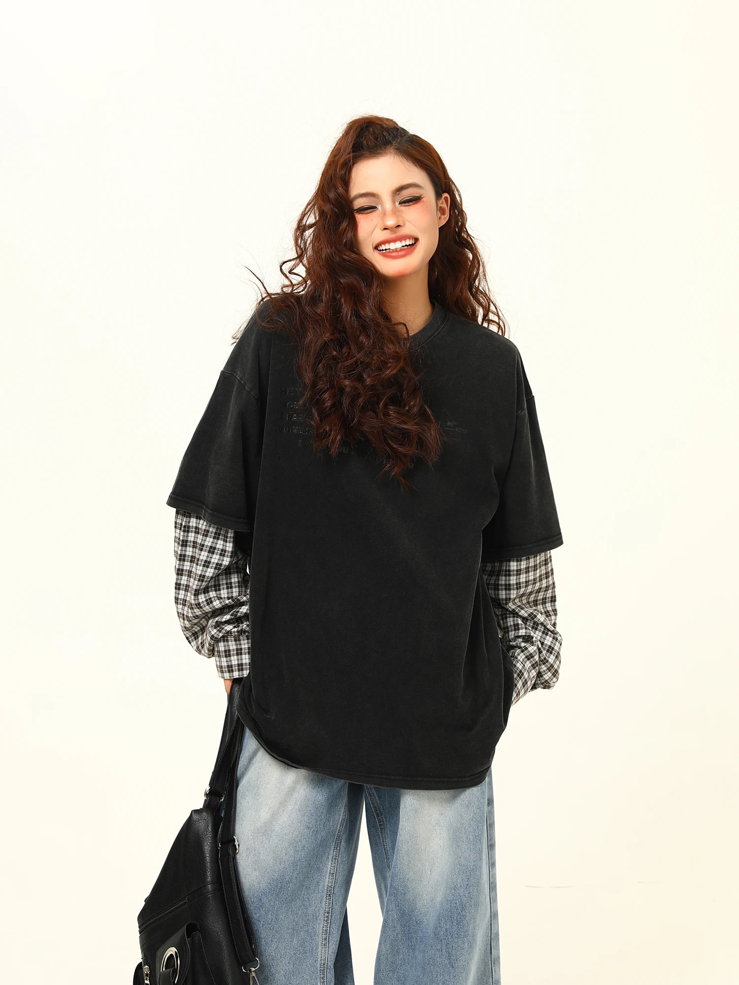 

Wild American Retro Sve Patchwork Fake Two-Piece round Ne Sweatirt Women's Autumn New Sle Versatile Couple Top