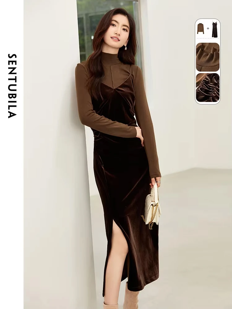 SENTUBILA Vintage Slit Dress New 2 Piece Sets Women 2024 Spring Simple Knitted Bottoming Shirt Slip Velvet Dresses Set 134Z52639