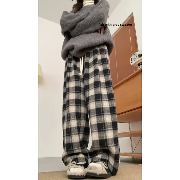 レトロクラシックな格子柄ウールパンツ レディース 秋冬 裏起毛 ゆったり スタイル フェイスライニング ドレープ カジュアル ワイドレッグパンツ