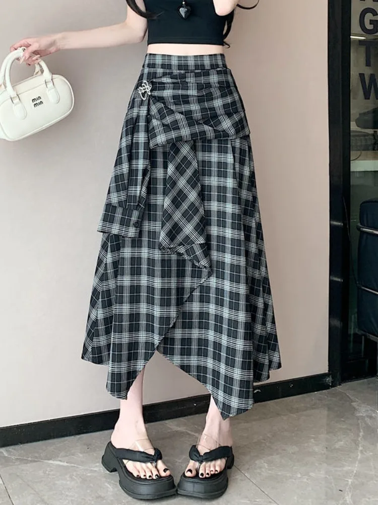 

Женская асимметричная юбка-трапеция в корейском стиле, свободного кроя, весенняя модная, с черно-белым клетчатым узором, цветными блоками, стройнящая, в форме зонта