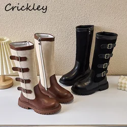 New Buckle Girls Fashion Boots PU Patchwork Zip Knee High Shoes For Children Spring Autumn Soft Sole Anti Slip Kids Long Boots