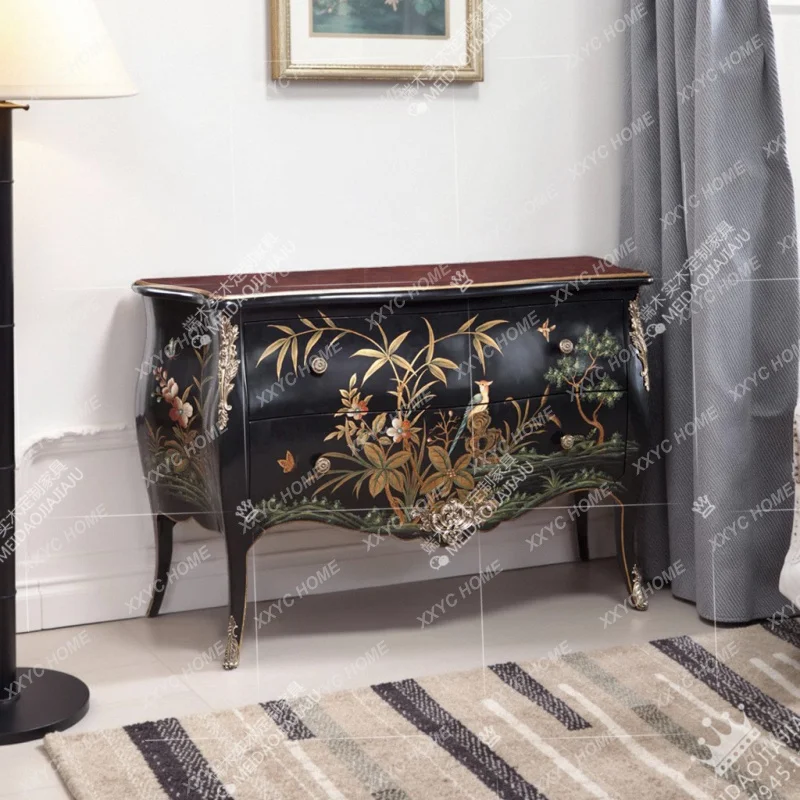 retro entrance cabinet, European black flower and bird painted double bucket storage decorative cabinet