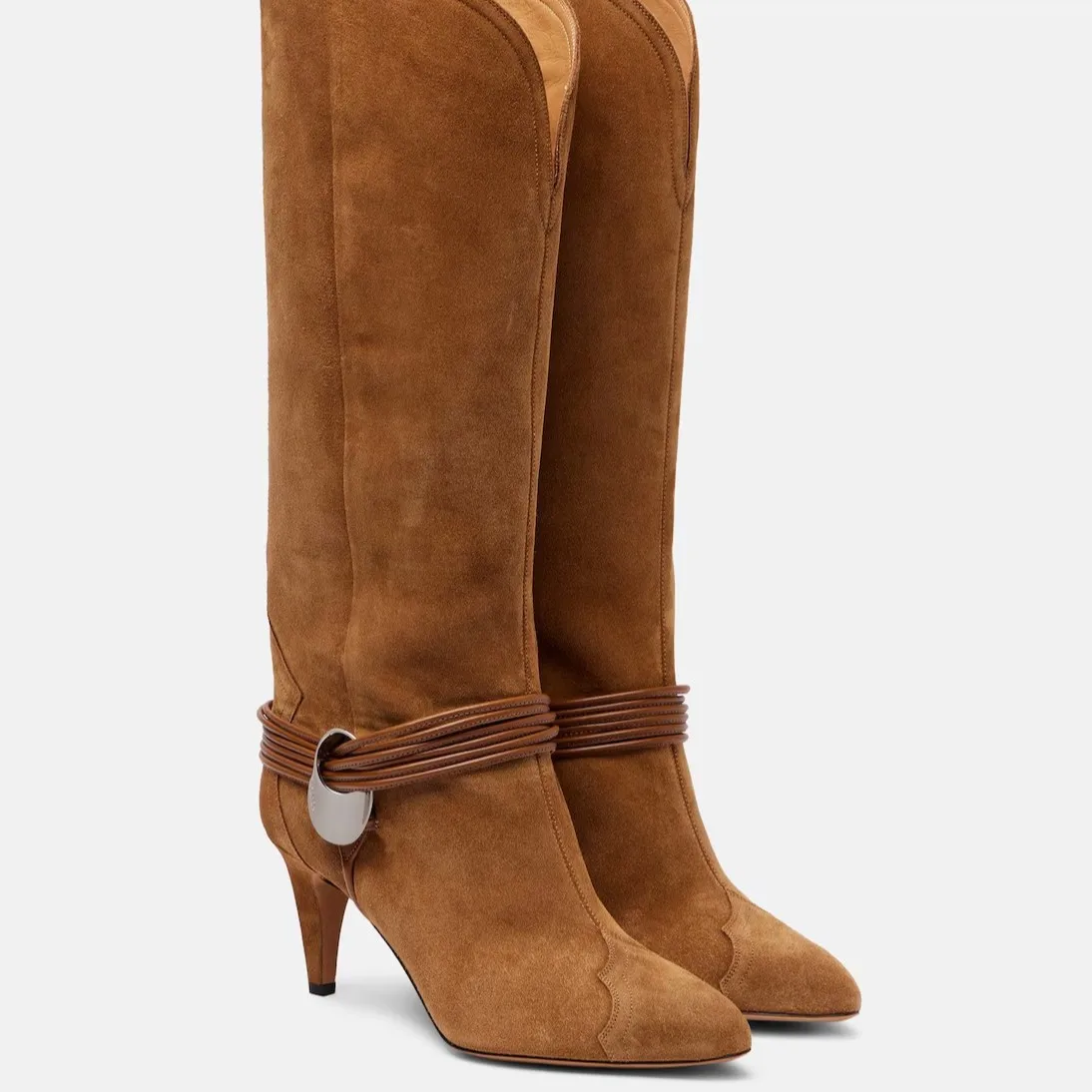 Women's Suede Knee-High Boots Wrapped Leather Strap Stiletto Heel Stylish Buckle Detail for Elegant Casual Autumn Fashion Looks
