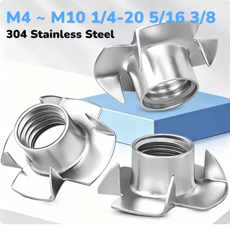 304 Stainless Steel 4 Prong T Nuts Metric Imperial Knock In Wood Insert Nut for Furniture Speaker Cabinet Mount Fastener