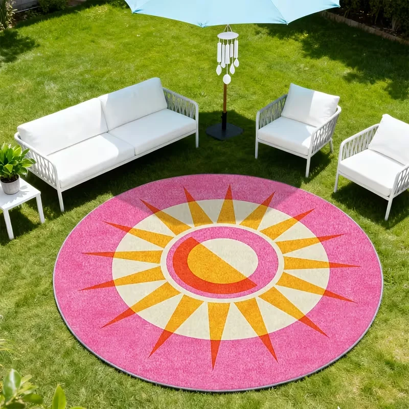 Pink Retro Sunburst Outdoor Round Rug Geometric Sun Ray Print Non Slip Carpet Patio Garden Balcony Poolside Summer Decor