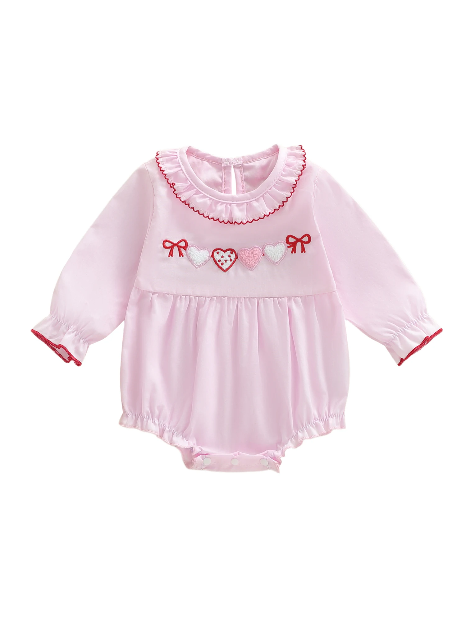 رومبير على شكل قلب للفتيات الصغيرات في عيد الحب بأكمام طويلة وياقة الدمية وتطريز على شكل فيونكة على شكل قلب - ملابس ربيعية رائعة