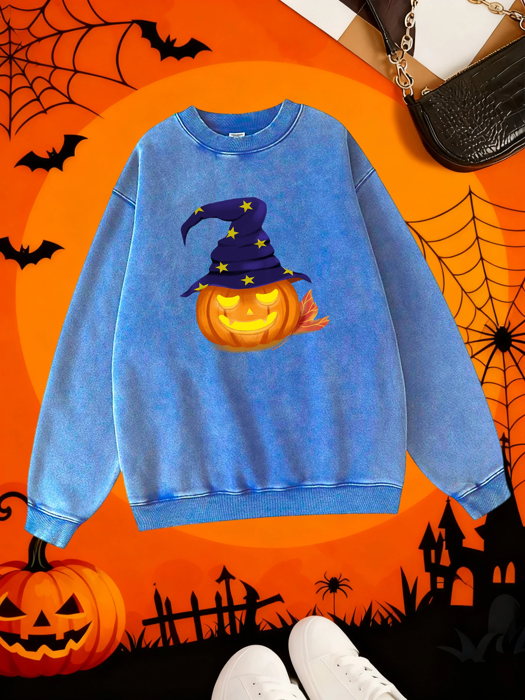 قبعة الساحرة اليقطين طباعة المرأة غسلها الملابس القطنية موضة بلوزات دافئة مريحة الشارع هودي الخريف بلايز عادية #1