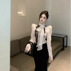 Spring Autumn 2026 Women's Double Layer Polka Dot Mesh See through Lace Shirt Bow Tie Design Sensation Quality Fashionable