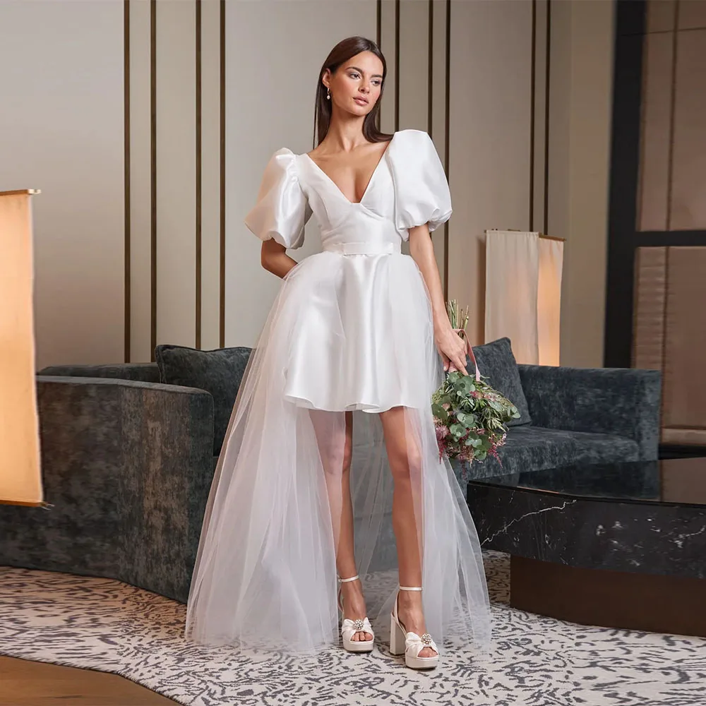 

Customized Simple Deep V Neck Wedding Dress Satin A Line Short Bride Dress Tulle Train Customized Puff Sleeves Bridal Gown