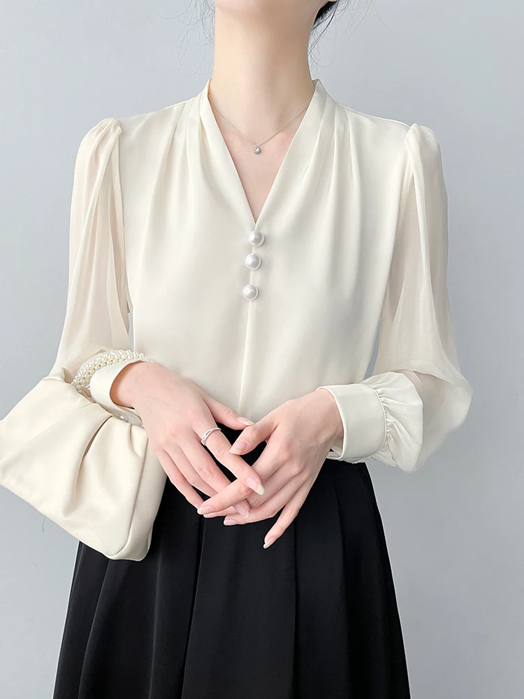 

Korean Sle V-Ne Long Sve Thin irt for Women Early Autumn Commute Profional OL Interview Top Pearlescent Design