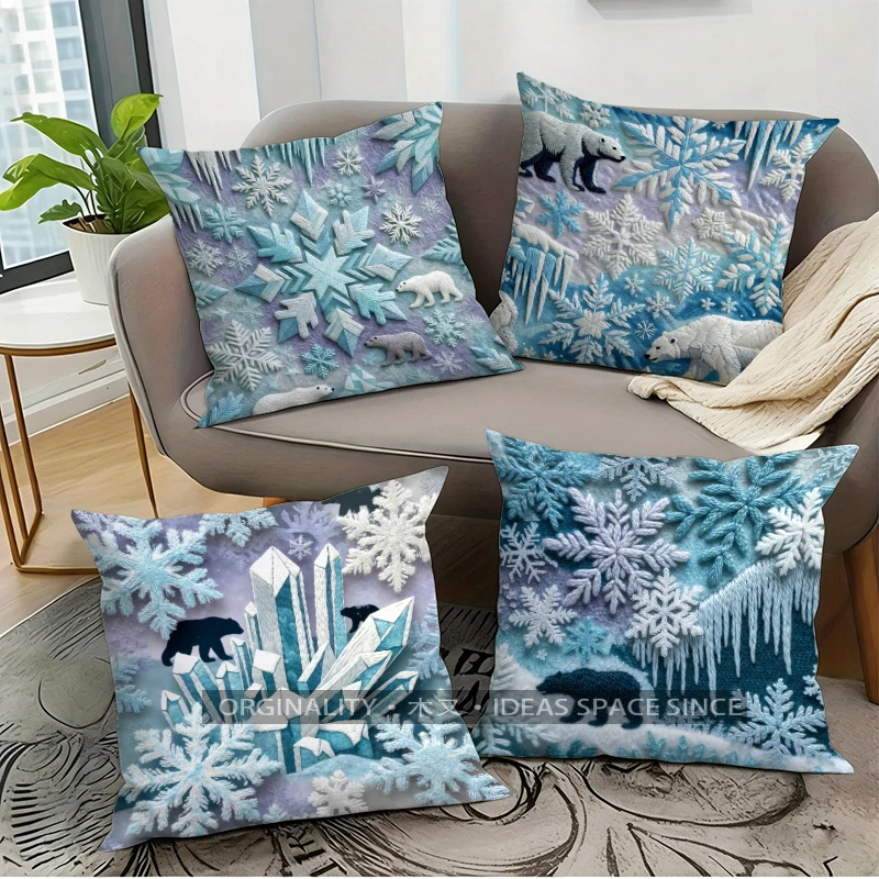 Winter Polar Bear Snowflake Pillow Covers Pattern Cushion Cover Suitable for Sofa Bedroom Car Pillow Cover